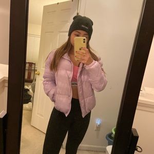 purple puffer coat